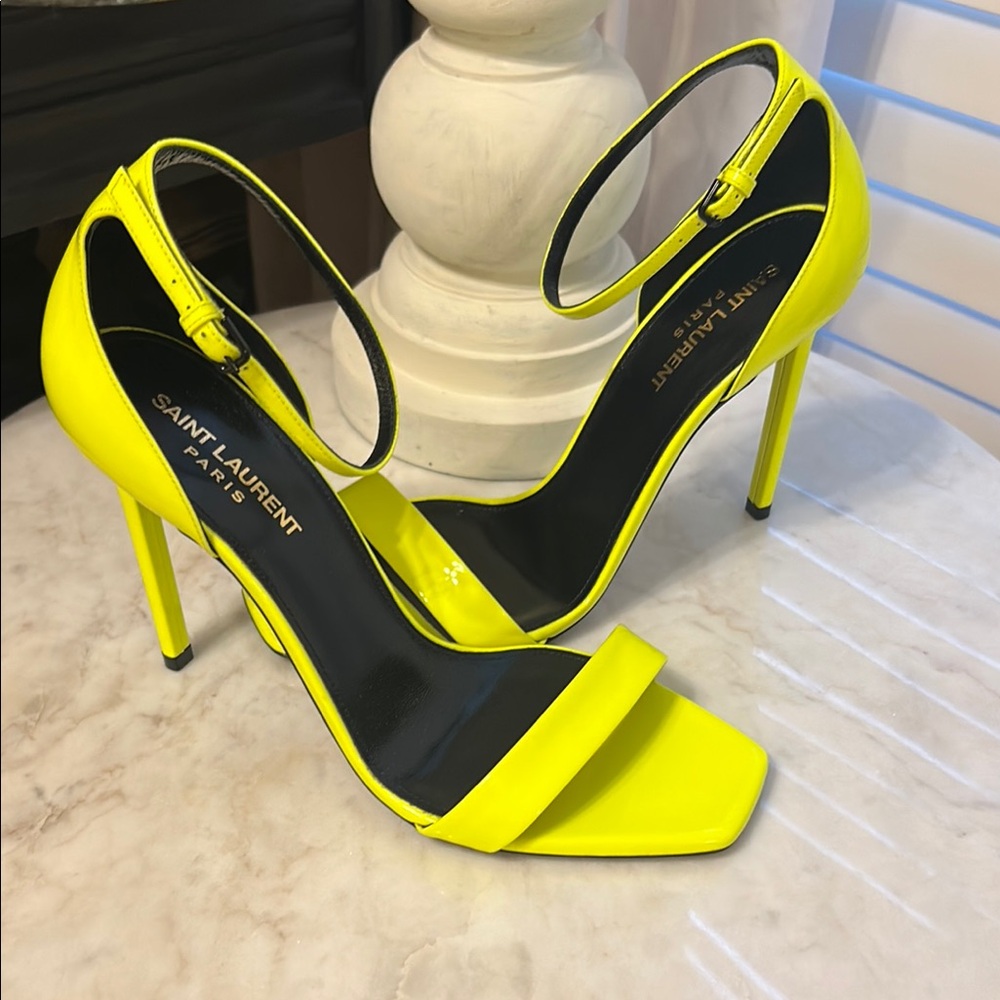 Saint Laurent Neon Yellow Patent Ankle-Strap Stilettos